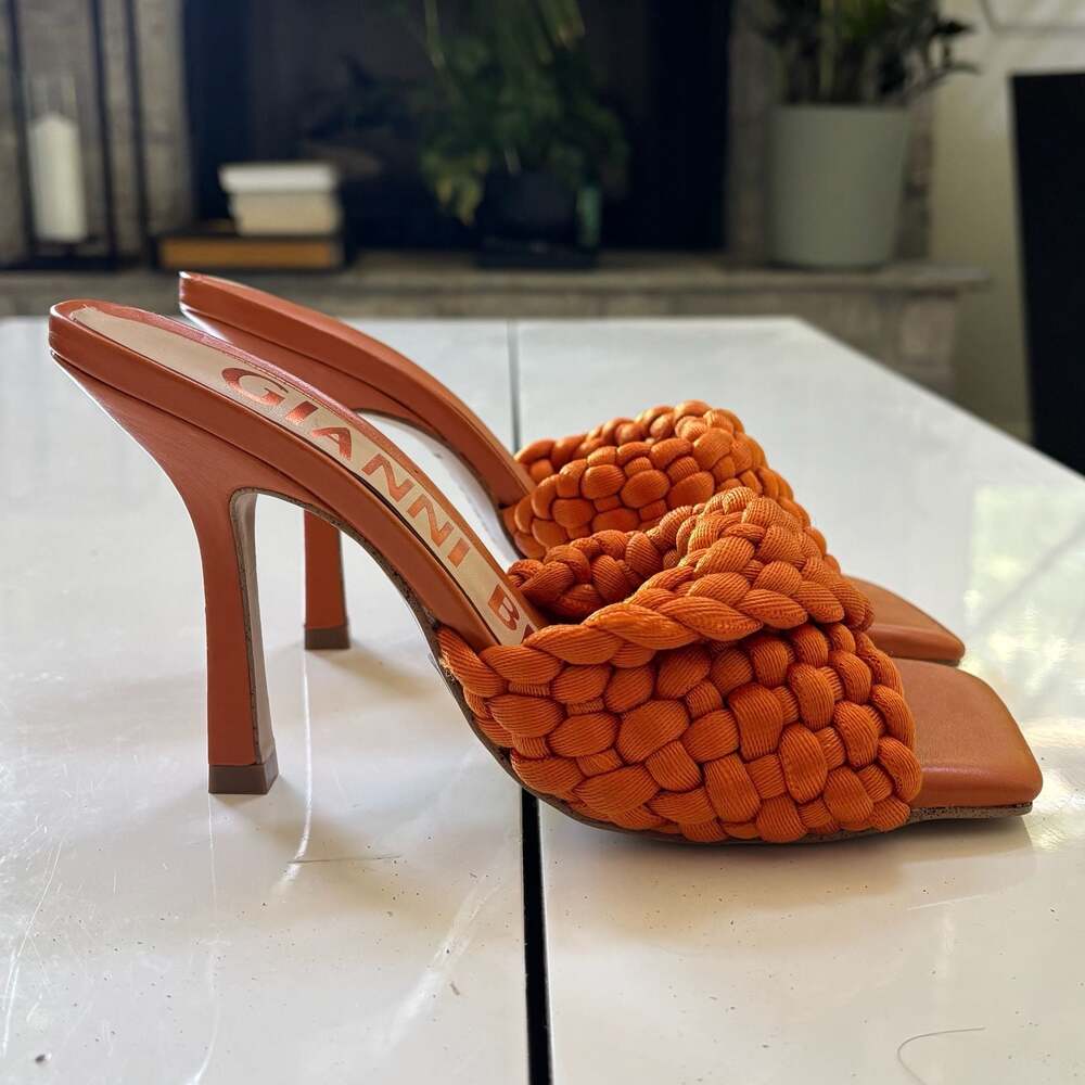 Gianni Bini Keita Orange Braided Strap Square Toe Heeled Mules Size 6M